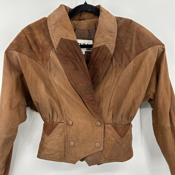 CHIA Vintage Brown Leather Dolman Sleeve Shoulder Pad Cropped Jacket Size XS - Picture 3 of 9